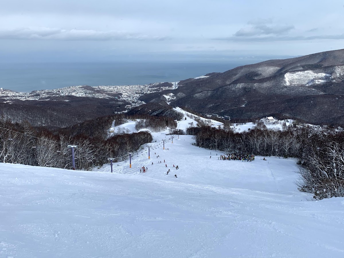 俯瞰雪道與遠方海岸小鎮