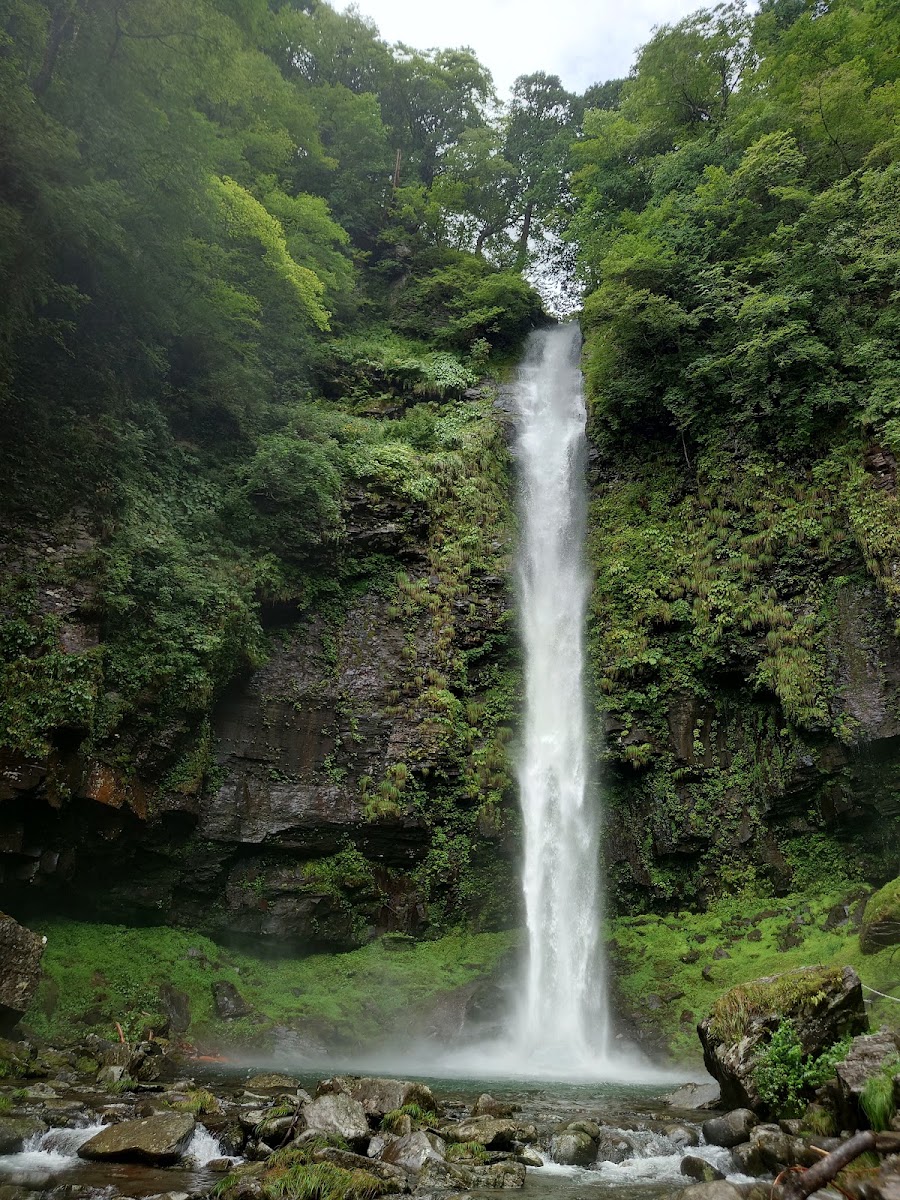 翠綠山壁間的壯麗直立瀑布全景