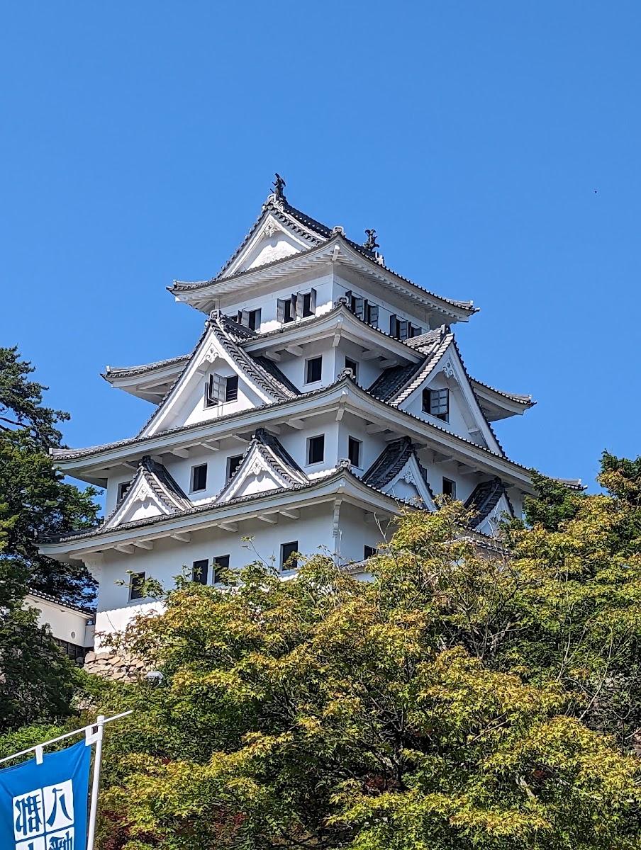 晴空下的郡上八幡城天守閣特寫