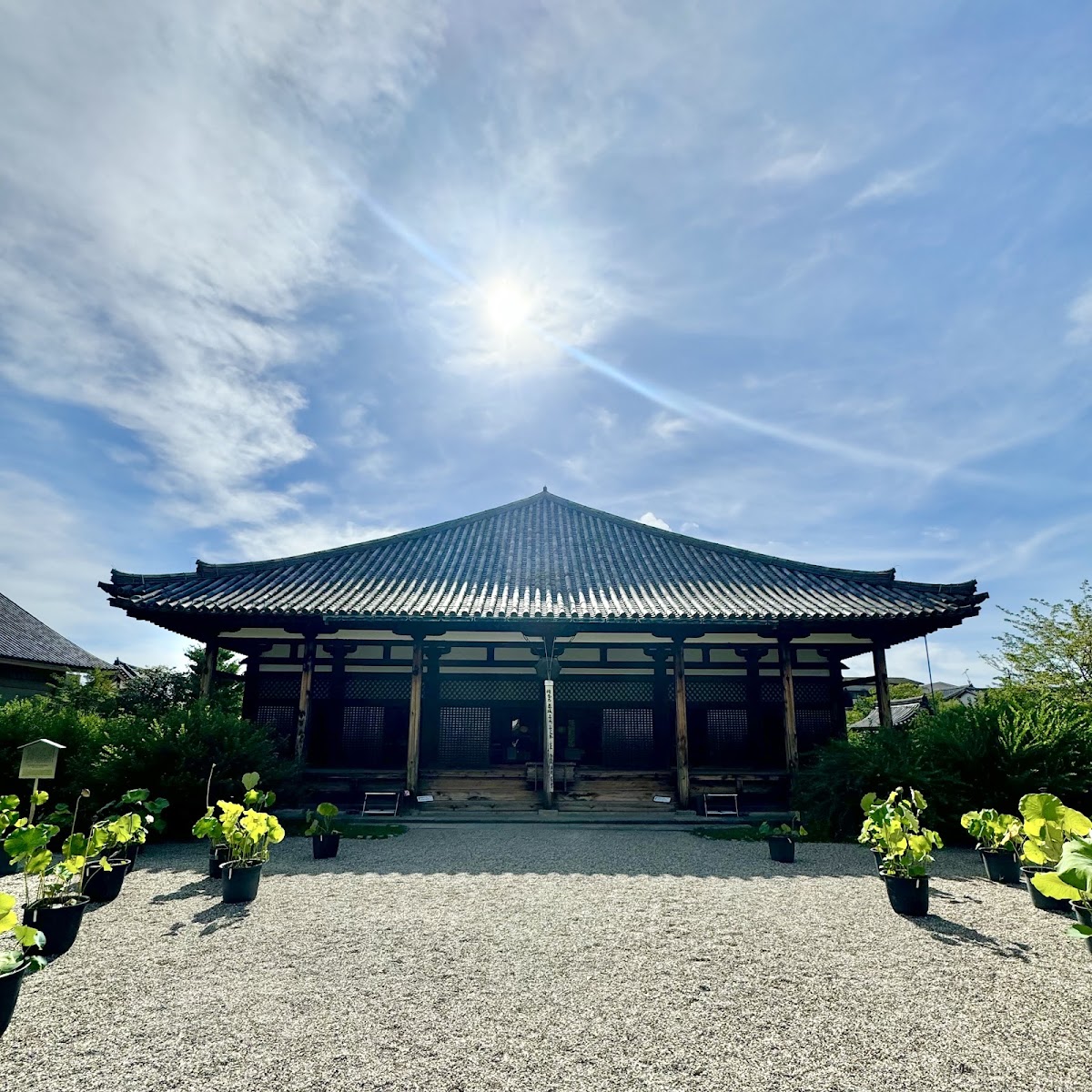 藍天白雲下元興寺本堂全景