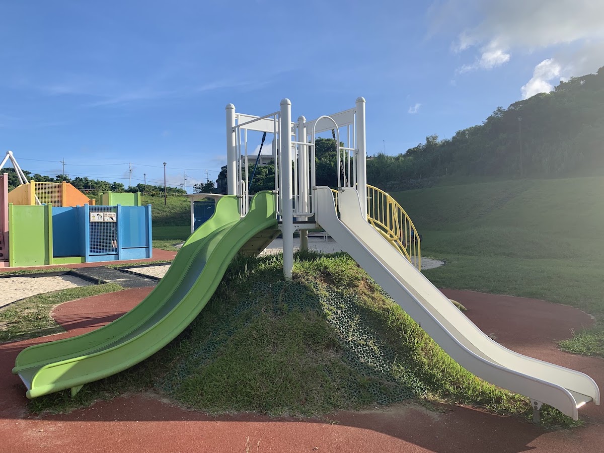 公園內的雙軌溜滑梯與遊具