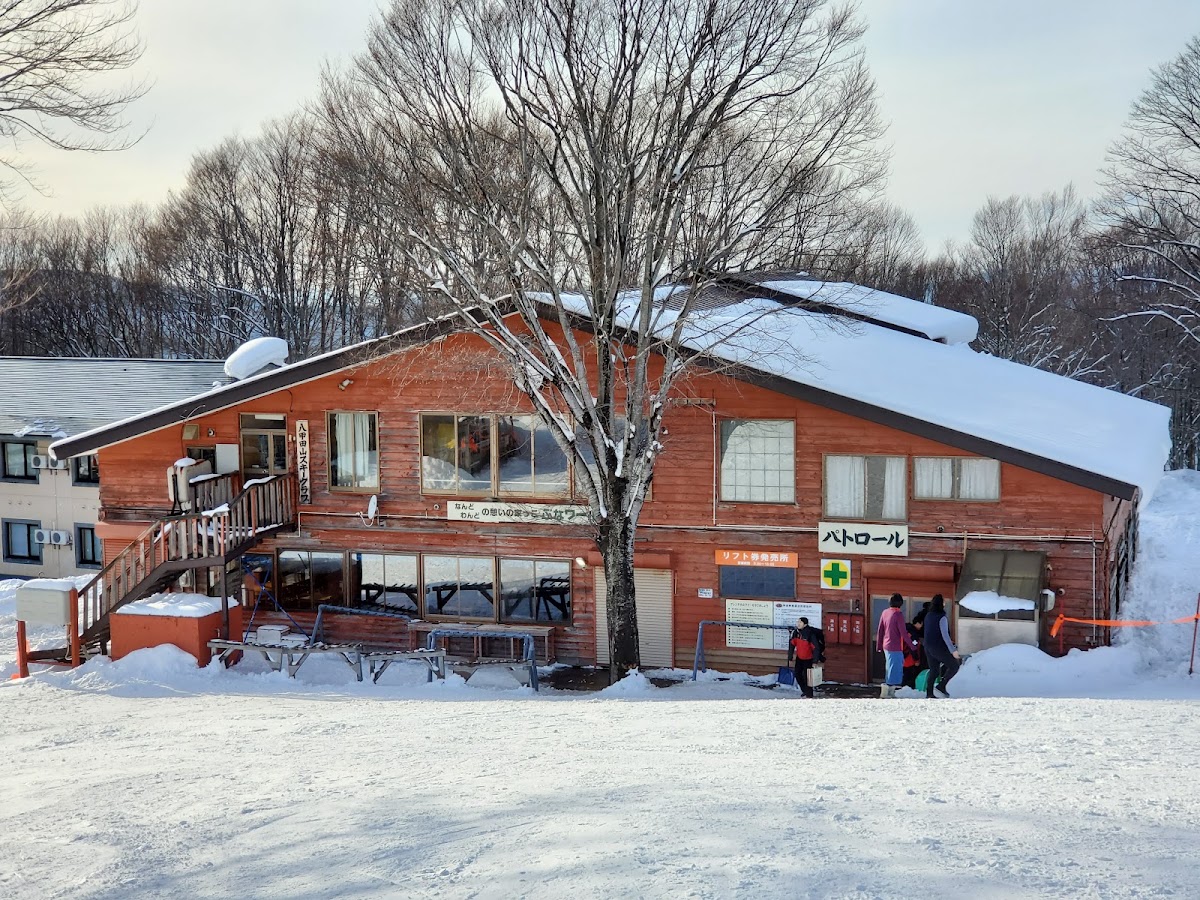 山下的紅色木屋滑雪中心與人群