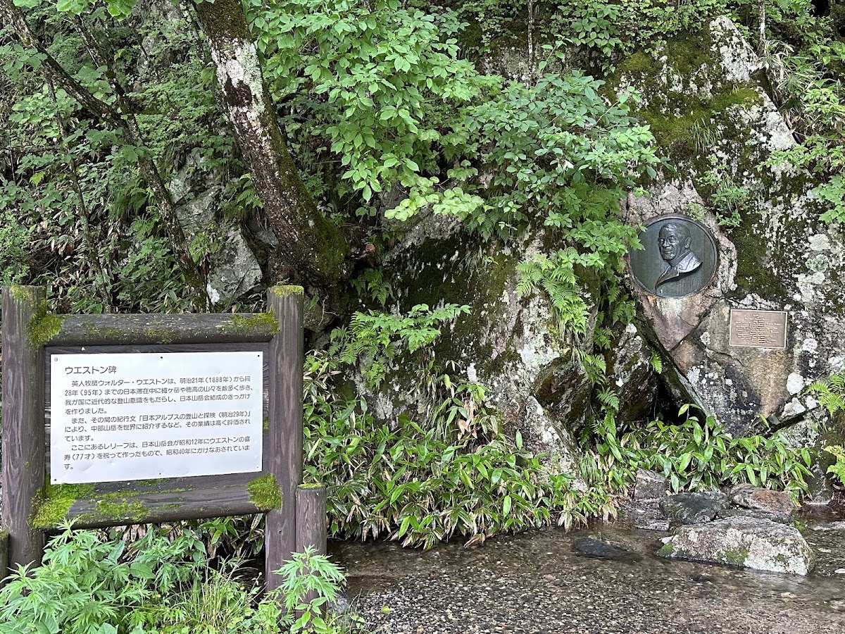 遠景含木製解說牌與威爾頓碑