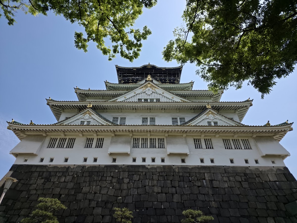 仰拍大阪城主體建築與樹木