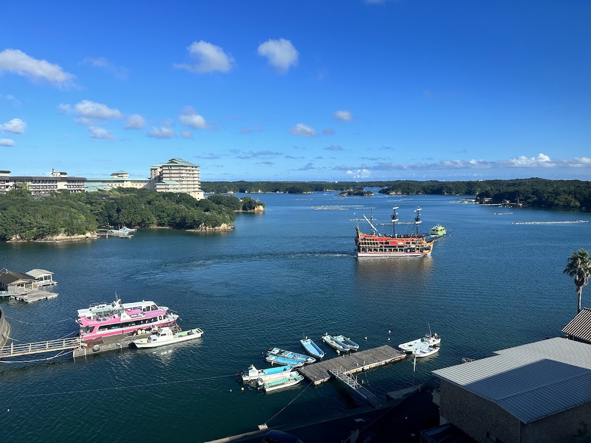 高空俯瞰蔚藍海港與航行中的遊覽船