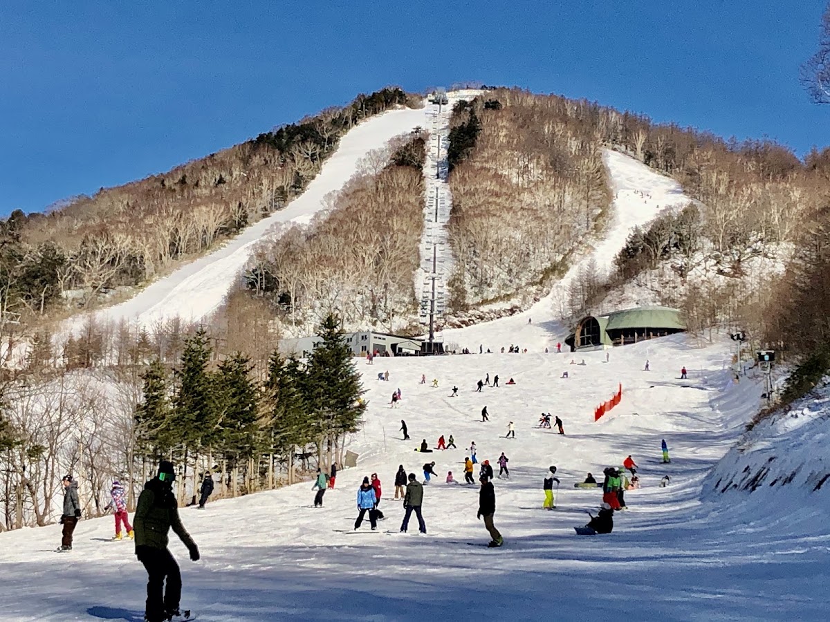 陽光下的滑雪場斜坡與人群