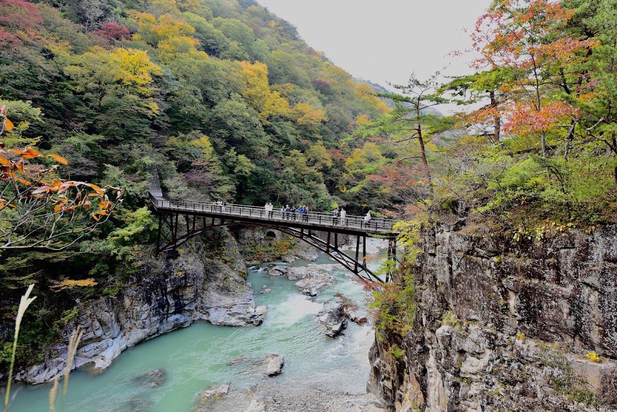 秋天紅葉與橫跨峽谷的鐵橋