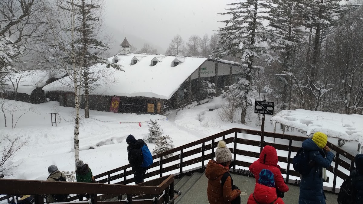 下雪天遊客站在木棧道欣賞雪景