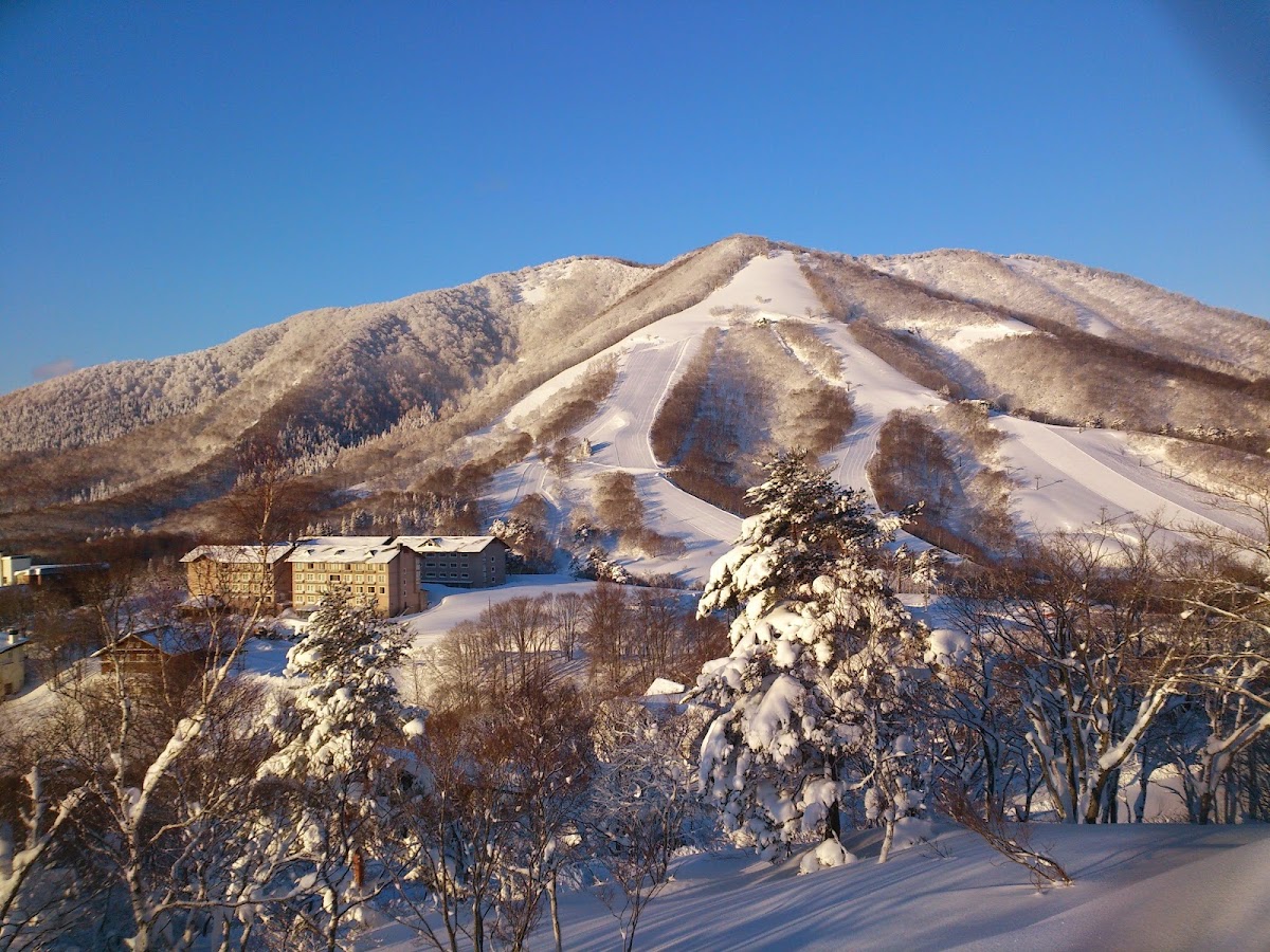 晴空下被白雪覆蓋的山脈與飯店