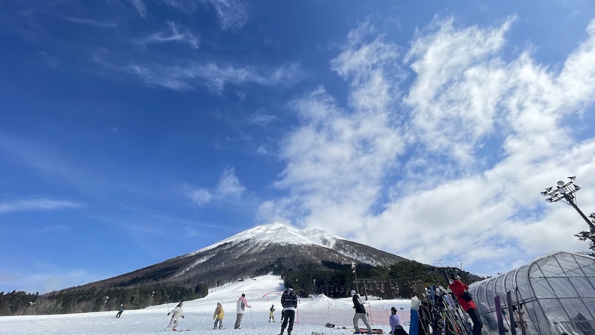 藍天白雲下壯麗的雪山與滑雪場遊客