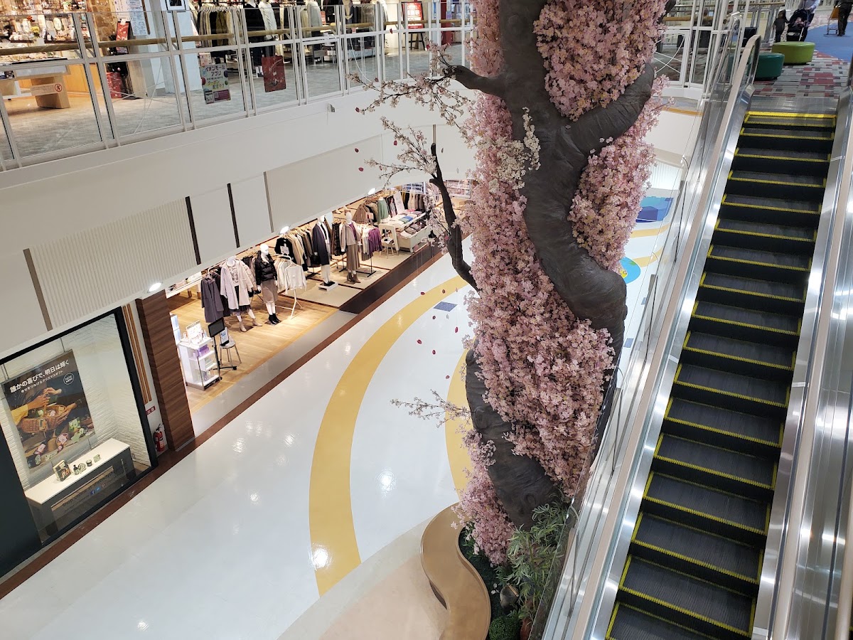 商場內部櫻花樹與手扶梯