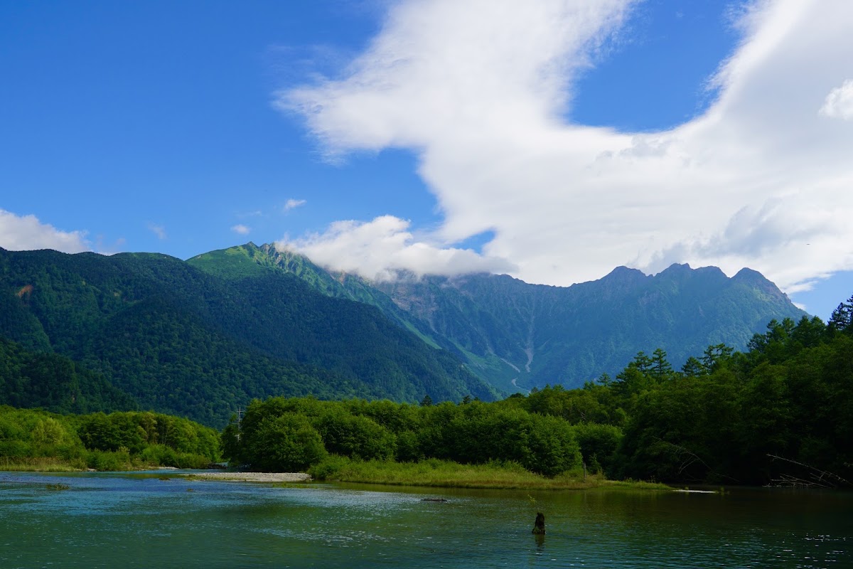 藍天白雲下綠樹與巍峨山脈