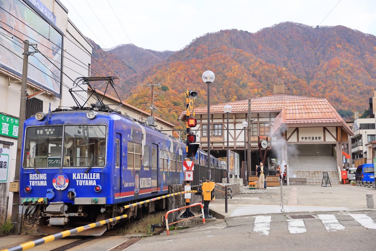 秋天楓紅山景與藍色列車