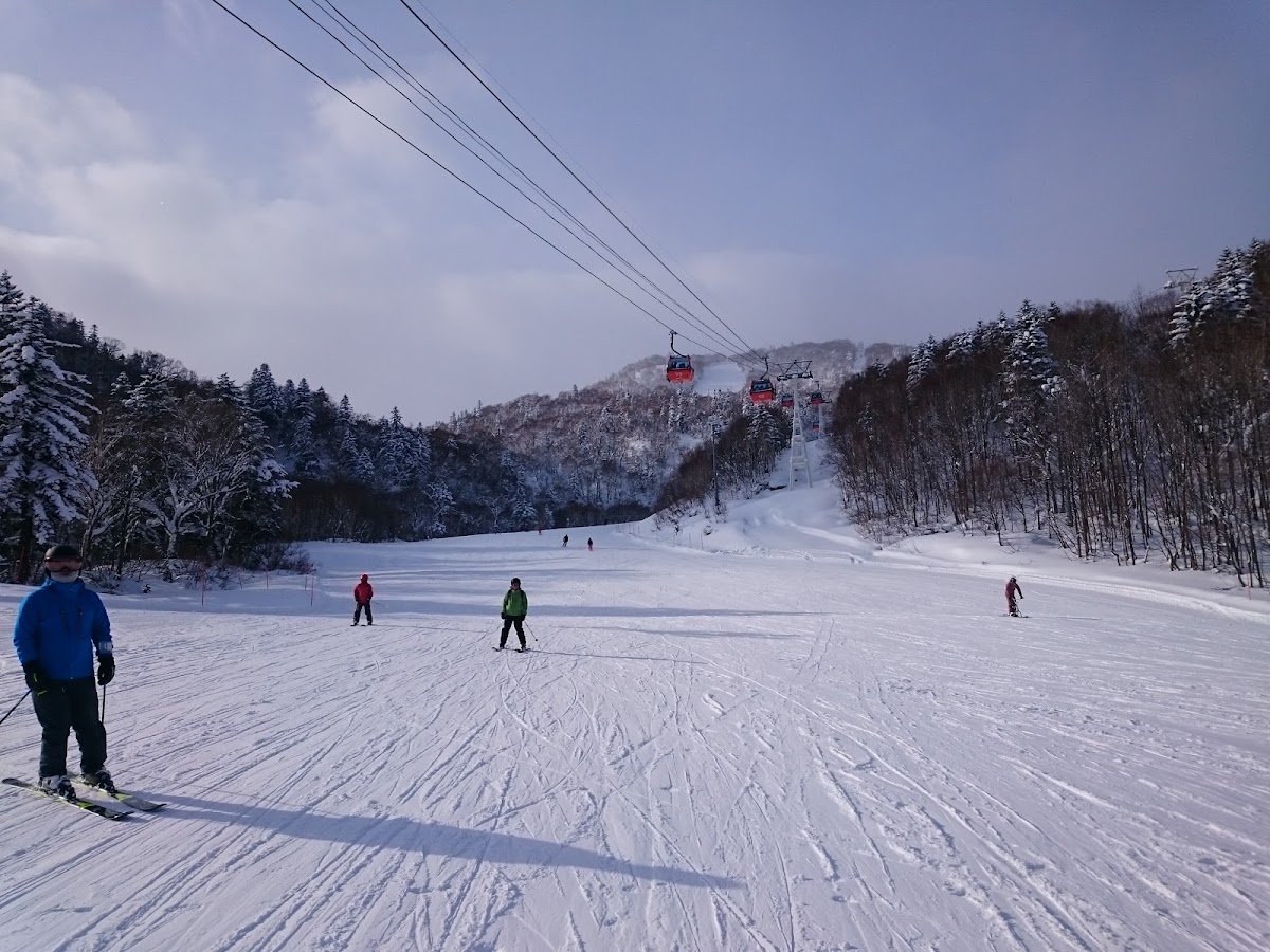 雪道上滑雪客與空中纜車