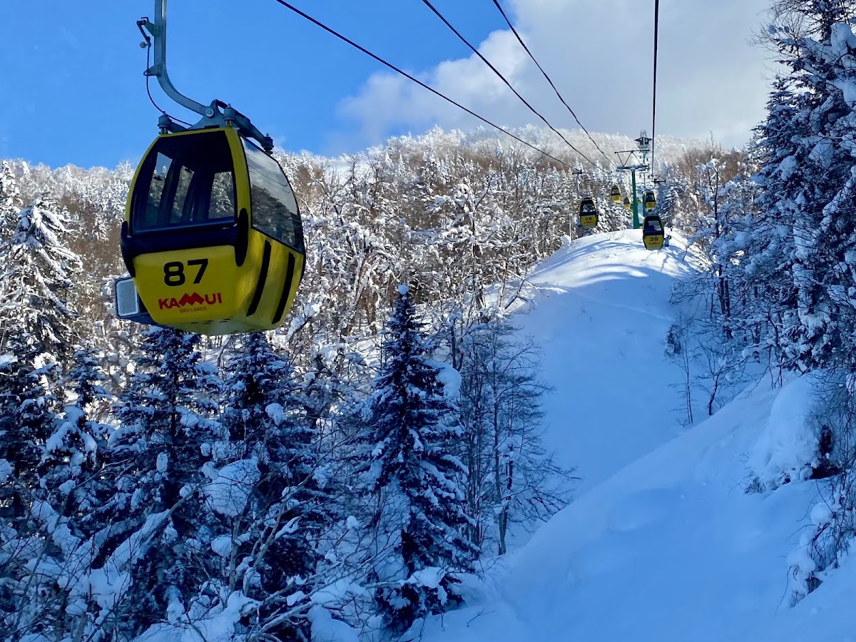 運行中的黃色纜車與雪山美景