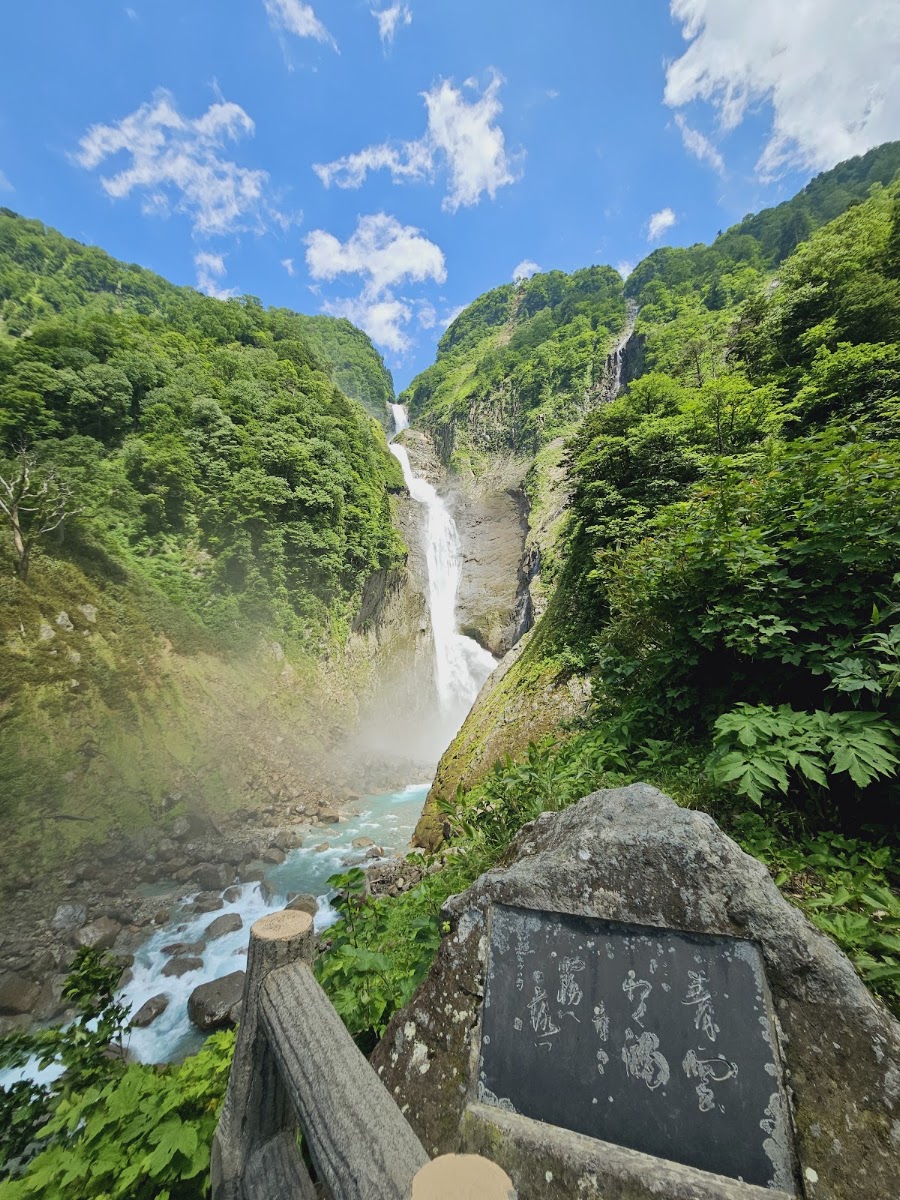 藍天白雲下壯觀的稱名瀧全景