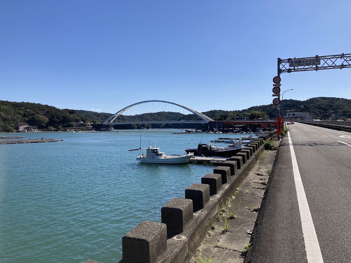 道路護欄旁遠眺大橋與漁船