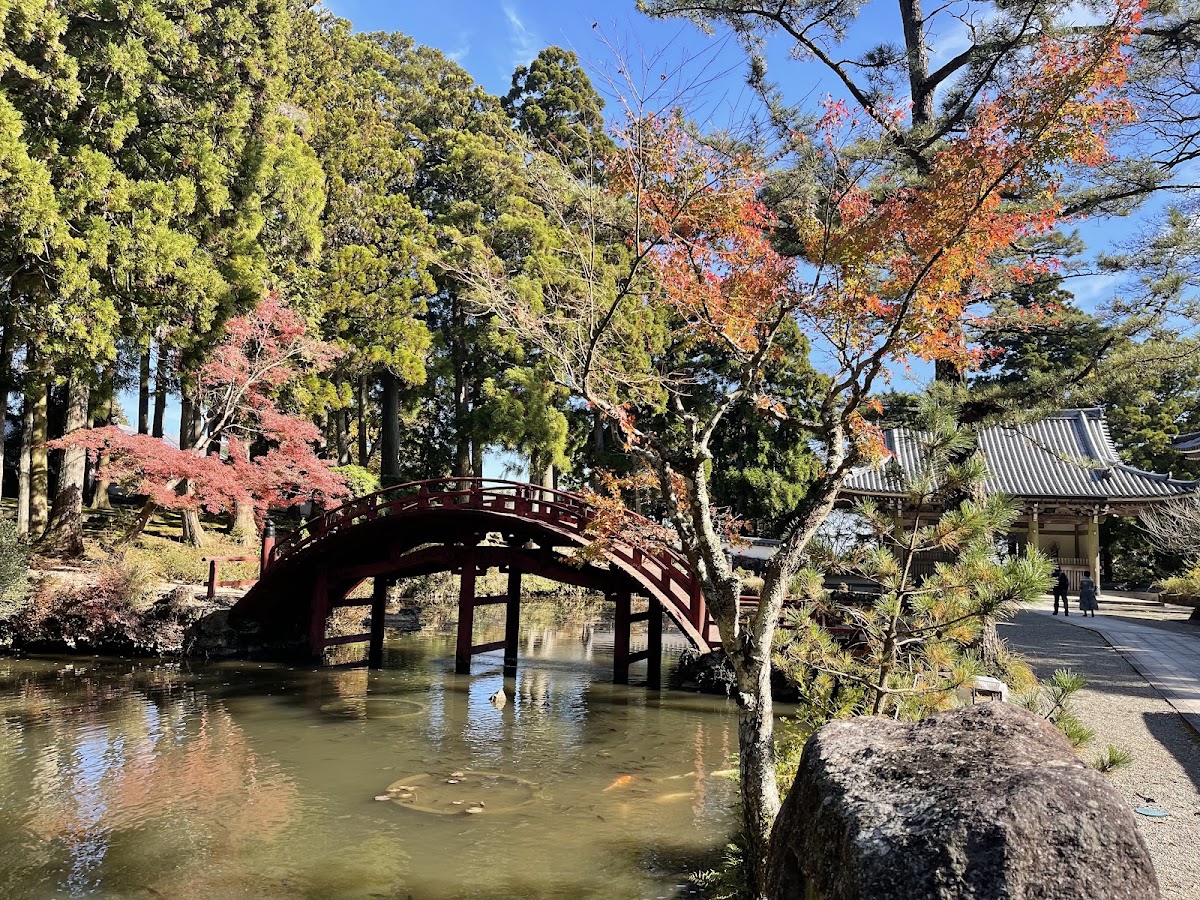 日式庭園、拱橋與池塘風景
