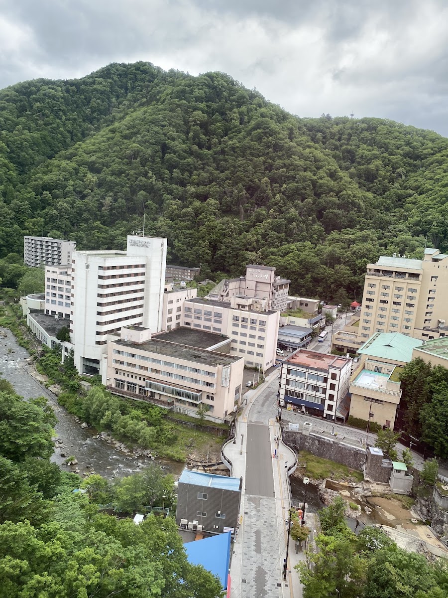 高空俯瞰翠綠山脈與溫泉街