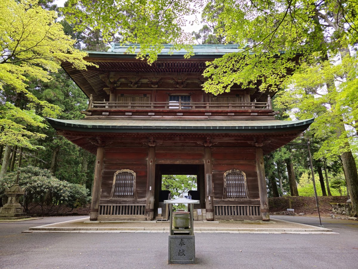 綠樹環繞的古色古香木造寺廟山門